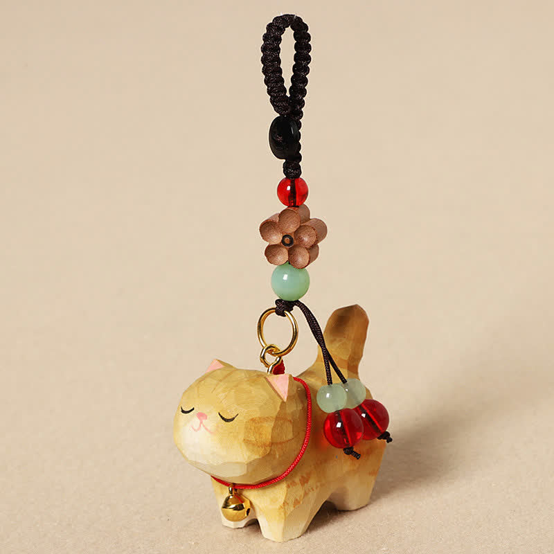 Nimara Ritual Carved Wood Cat Om Mani Padme Hum Peace Keychains