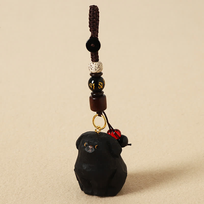 Nimara Ritual Carved Wood Dog Om Mani Padme Hum Wisdom Keychains