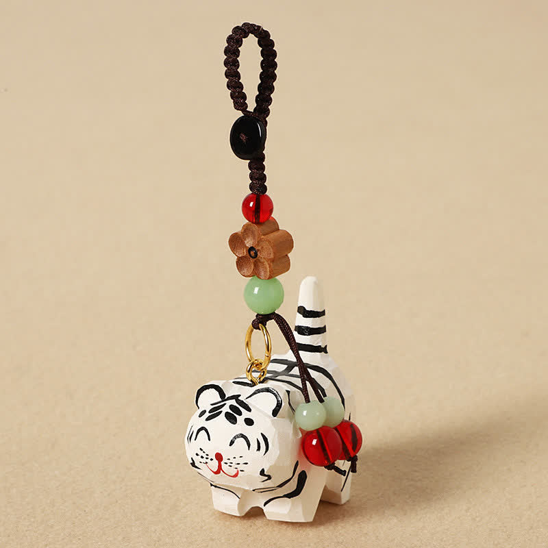Nimara Ritual Carved Wood Tiger Om Mani Padme Hum Focus Keychains