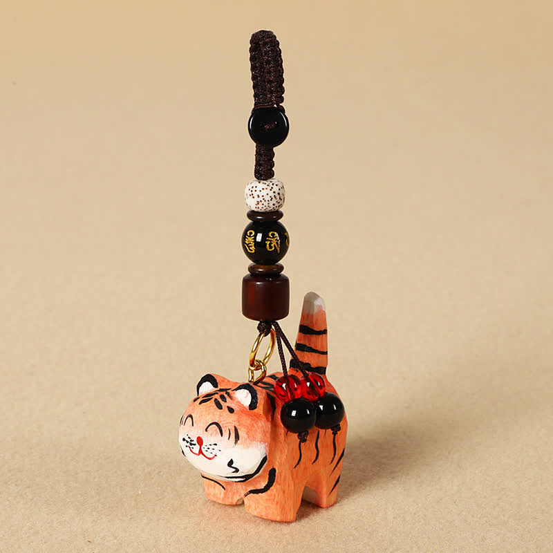 Nimara Ritual Carved Wood Tiger Om Mani Padme Hum Focus Keychains