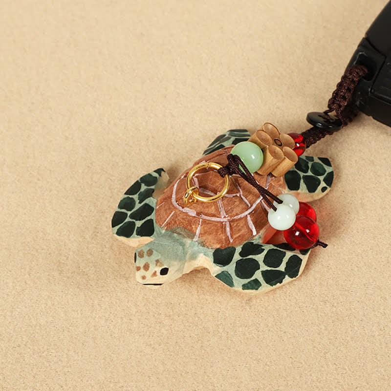 Nimara Ritual Carved Wood Turtle Om Mani Padme Hum Focus Keychains