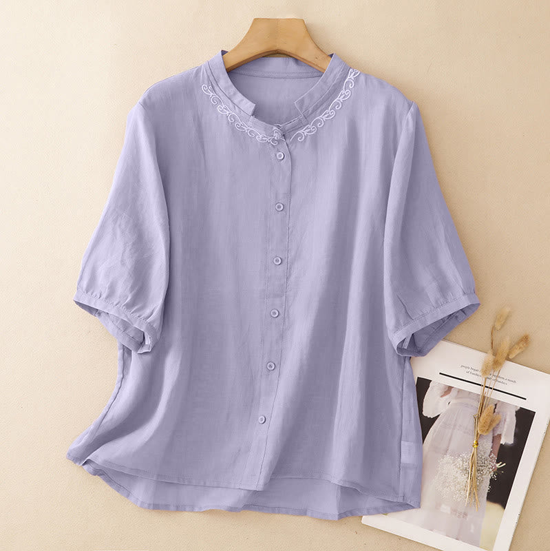 Nimara Ritual Summer Casual Elegant Tang Style Vine Embroidery Crew Neck Button-Up Solid Women's Short Sleeve Shirts