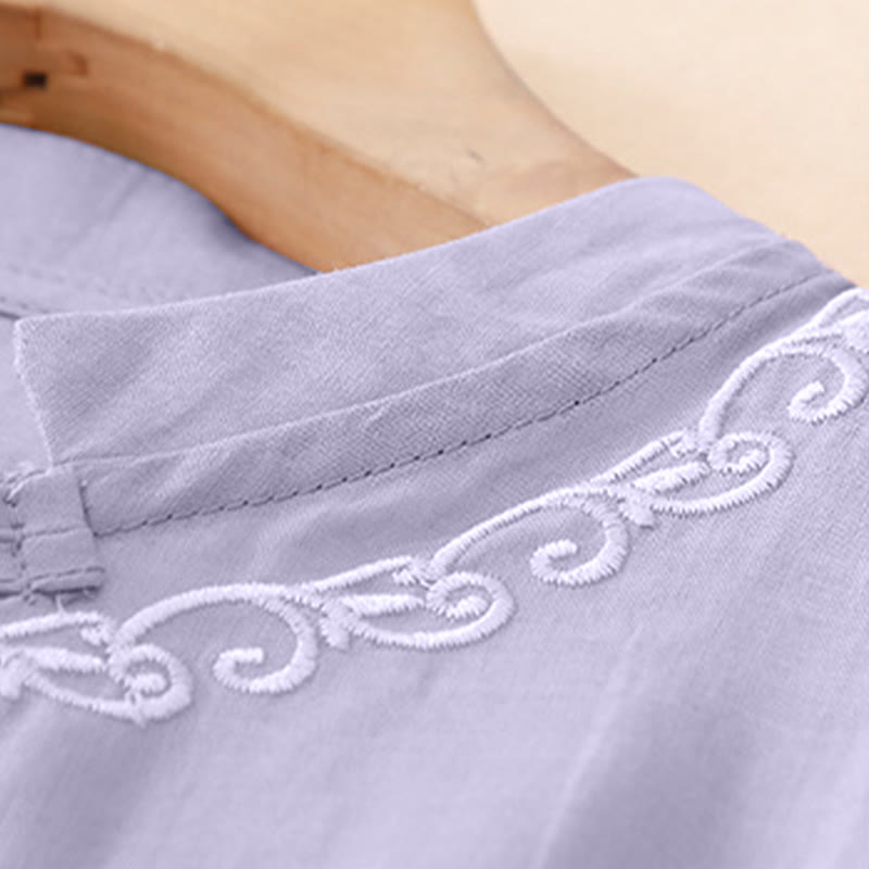 Nimara Ritual Summer Casual Elegant Tang Style Vine Embroidery Crew Neck Button-Up Solid Women's Short Sleeve Shirts