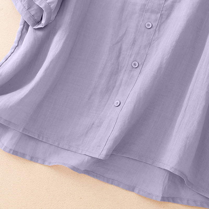 Nimara Ritual Summer Casual Elegant Tang Style Vine Embroidery Crew Neck Button-Up Solid Women's Short Sleeve Shirts
