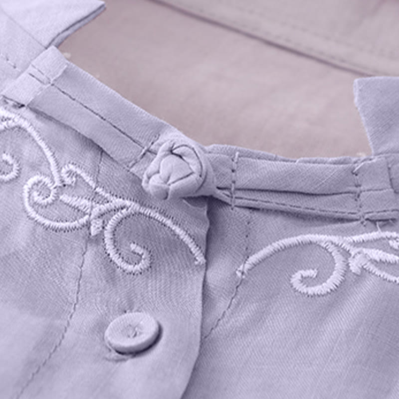 Nimara Ritual Summer Casual Elegant Tang Style Vine Embroidery Crew Neck Button-Up Solid Women's Short Sleeve Shirts
