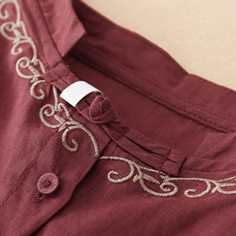Nimara Ritual Summer Casual Elegant Tang Style Vine Embroidery Crew Neck Button-Up Solid Women's Short Sleeve Shirts