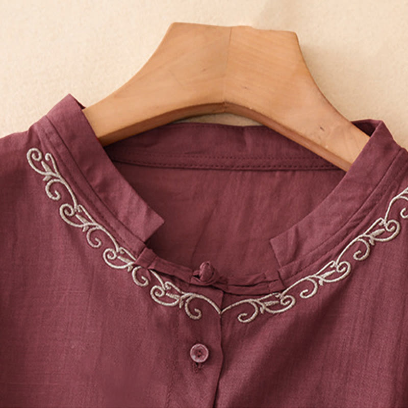 Nimara Ritual Summer Casual Elegant Tang Style Vine Embroidery Crew Neck Button-Up Solid Women's Short Sleeve Shirts