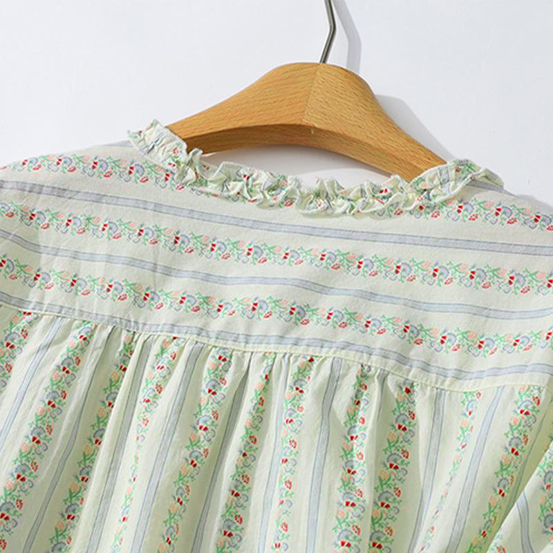Nimara Ritual Summer Casual Elegant Button-Up Floral Striped Crew Neck Women's Short Sleeve Shirts