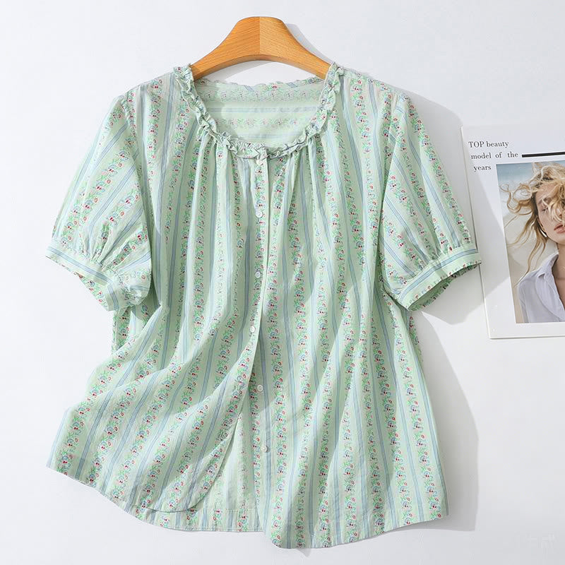 Nimara Ritual Summer Casual Elegant Button-Up Floral Striped Crew Neck Women's Short Sleeve Shirts