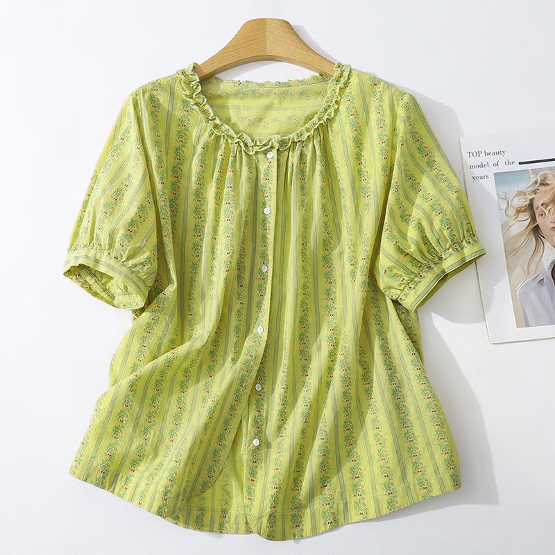 Nimara Ritual Summer Casual Elegant Button-Up Floral Striped Crew Neck Women's Short Sleeve Shirts