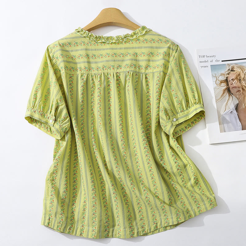 Nimara Ritual Summer Casual Elegant Button-Up Floral Striped Crew Neck Women's Short Sleeve Shirts