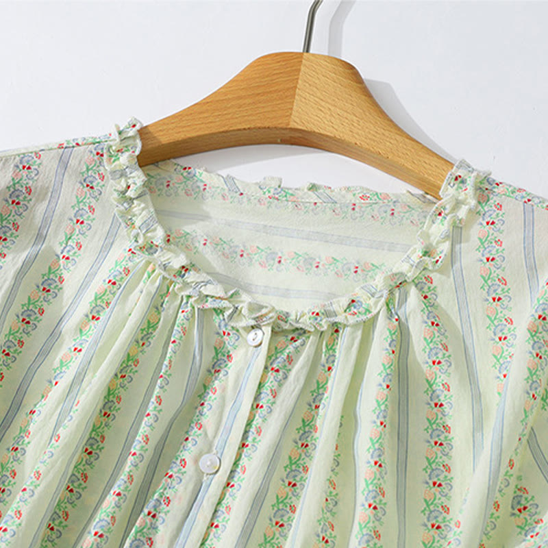 Nimara Ritual Summer Casual Elegant Button-Up Floral Striped Crew Neck Women's Short Sleeve Shirts