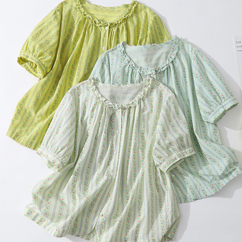 Nimara Ritual Summer Casual Elegant Button-Up Floral Striped Crew Neck Women's Short Sleeve Shirts