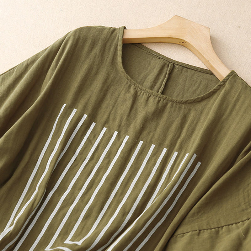 Nimara Ritual Casual Line Printing Pattern Short Sleeve Cotton Linen Women's T-Shirt