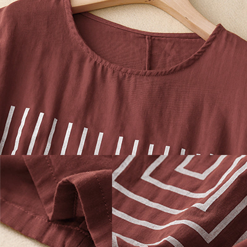 Nimara Ritual Casual Line Printing Pattern Short Sleeve Cotton Linen Women's T-Shirt