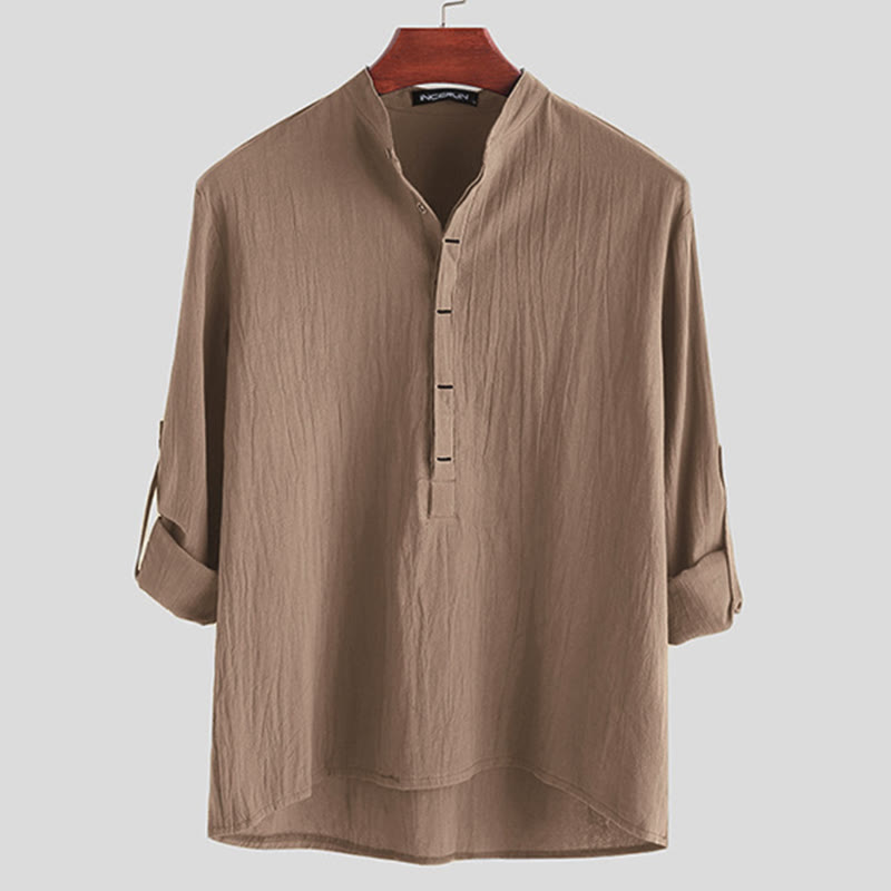 Nimara Ritual Solid Color Half Buttons Long Sleeve Cotton Men's Shirts