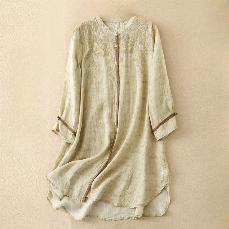 Nimara Ritual Summer Casual Embroidered Stand Collar Design Three Quarter Sleeve Midi Dress