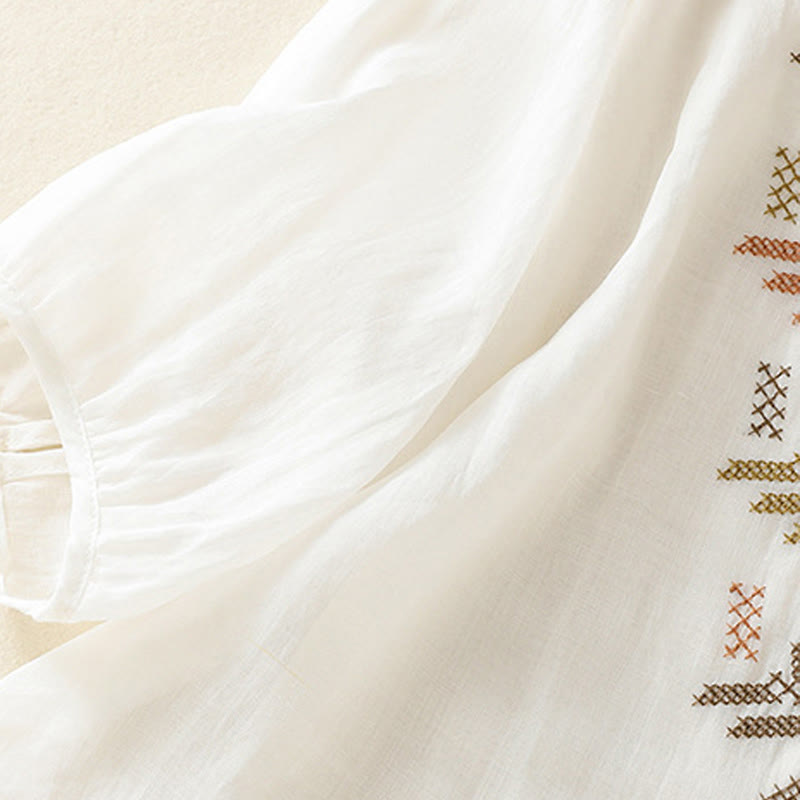 Nimara Ritual Casual Artistic Embroidery Leaves Pattern Women's Three Quarter Sleeve Shirt