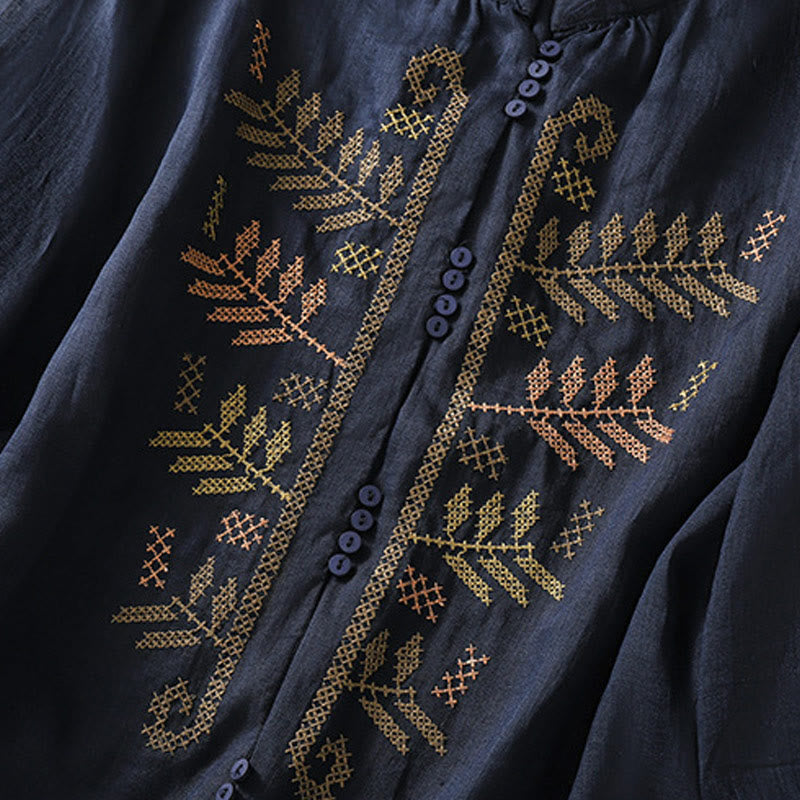 Nimara Ritual Casual Artistic Embroidery Leaves Pattern Women's Three Quarter Sleeve Shirt