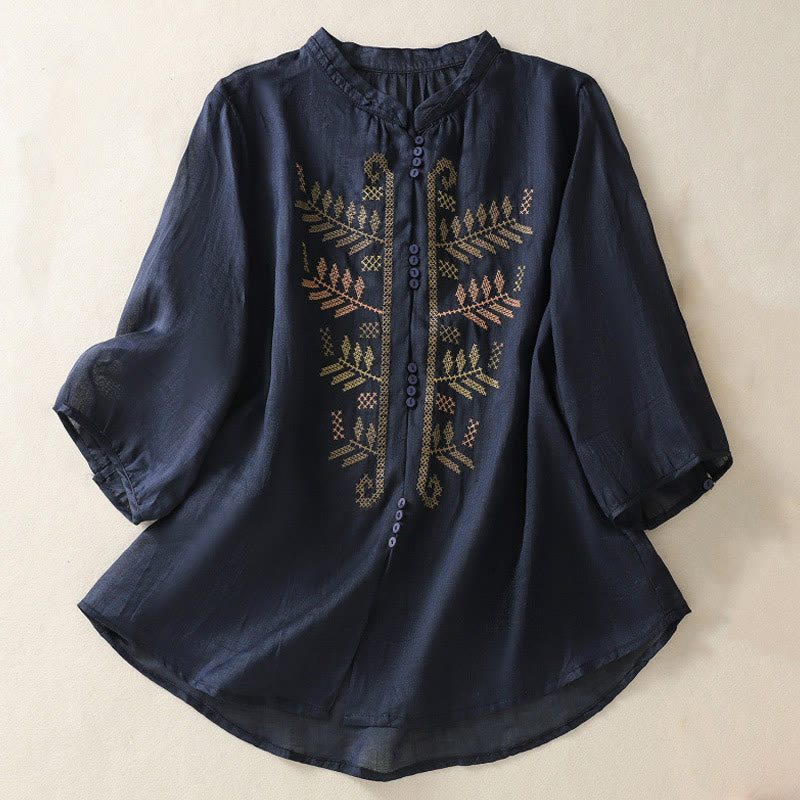 Nimara Ritual Casual Artistic Embroidery Leaves Pattern Women's Three Quarter Sleeve Shirt