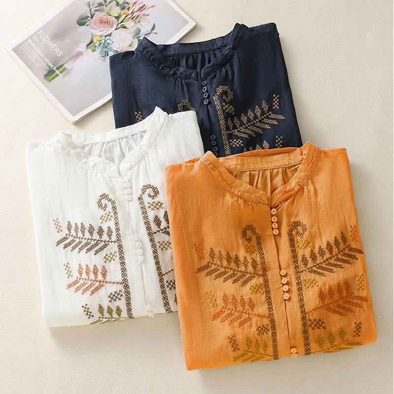 Nimara Ritual Casual Artistic Embroidery Leaves Pattern Women's Three Quarter Sleeve Shirt