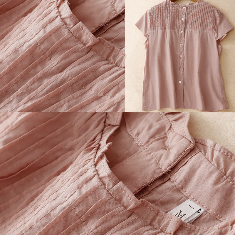 Nimara Ritual Summer Pure Color Ruffled Pleated Design Women's Short Sleeve Shirt