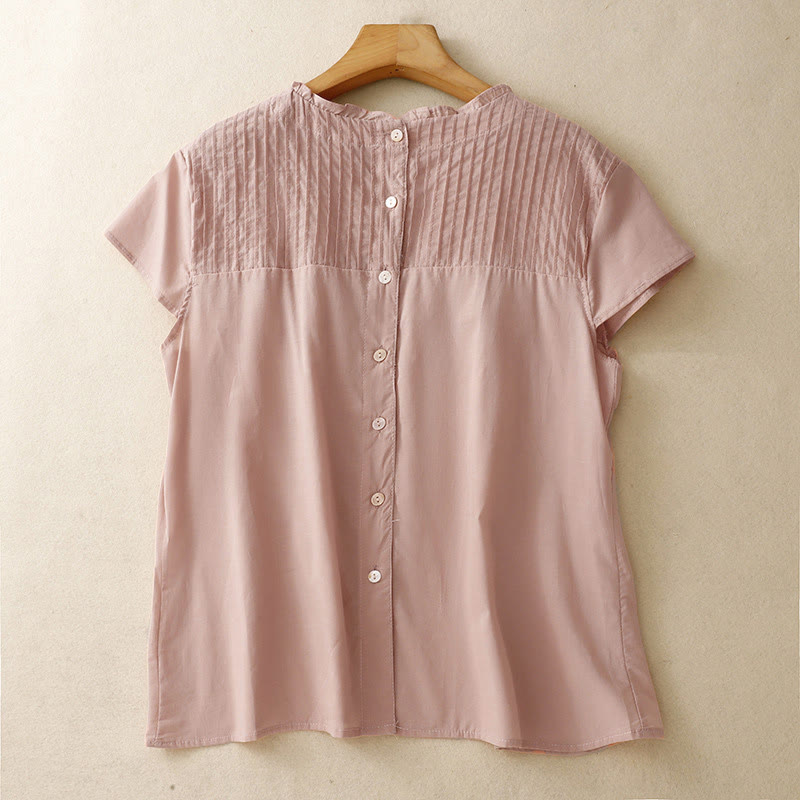 Nimara Ritual Summer Pure Color Ruffled Pleated Design Women's Short Sleeve Shirt