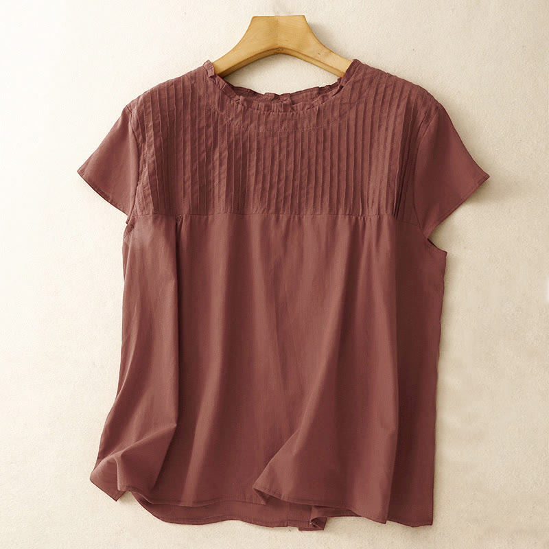 Nimara Ritual Summer Pure Color Ruffled Pleated Design Women's Short Sleeve Shirt