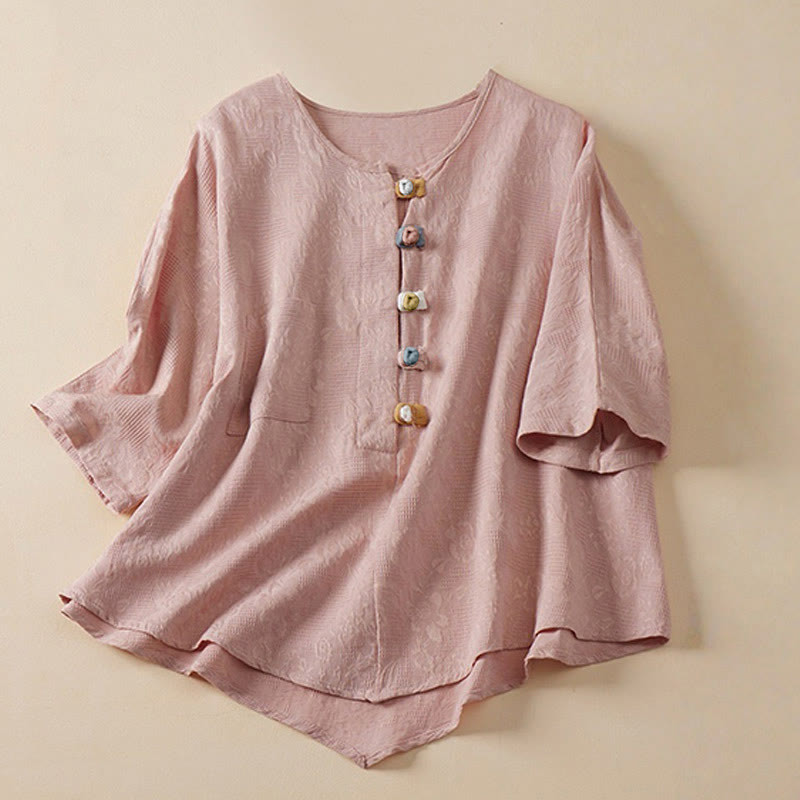 Nimara Ritual Casual Flower Colorful Frog Button Half Sleeve Women's Shirt