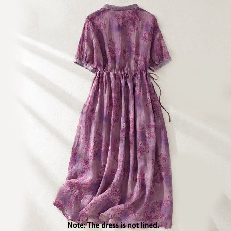 Nimara Ritual Printing Buttons Drawstring High Waist Short Sleeve Midi Dress With Pockets