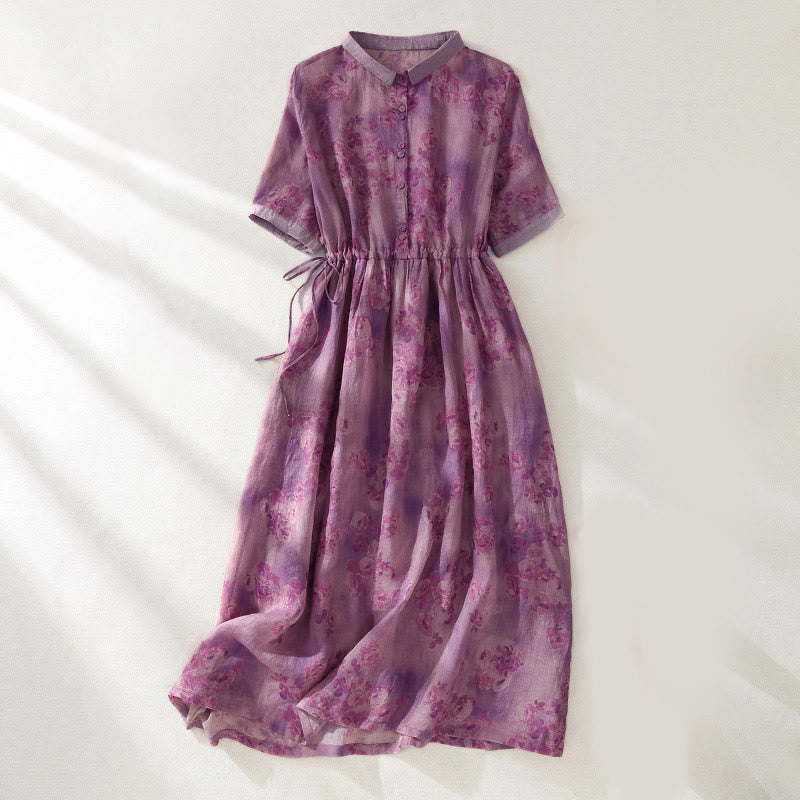 Nimara Ritual Printing Buttons Drawstring High Waist Short Sleeve Midi Dress With Pockets
