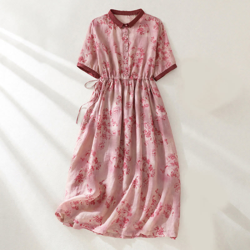 Nimara Ritual Printing Buttons Drawstring High Waist Short Sleeve Midi Dress With Pockets