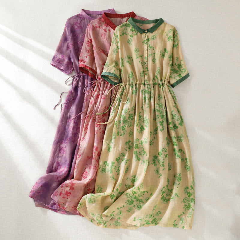 Nimara Ritual Printing Buttons Drawstring High Waist Short Sleeve Midi Dress With Pockets