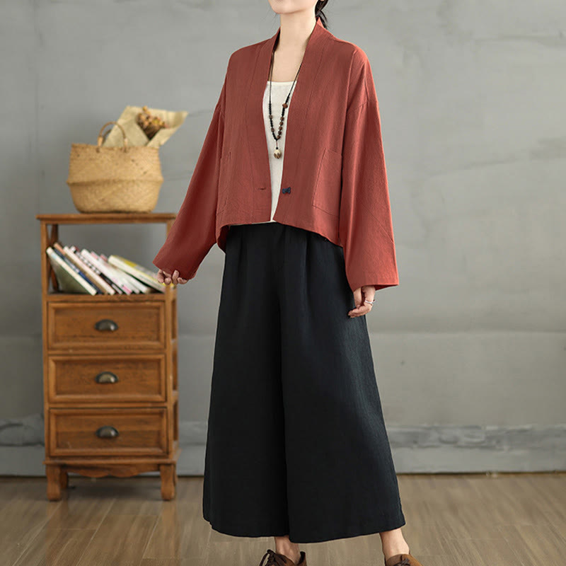 Nimara Ritual Casual Vintage Plain Long Sleeve Open Front Jacket With Pockets
