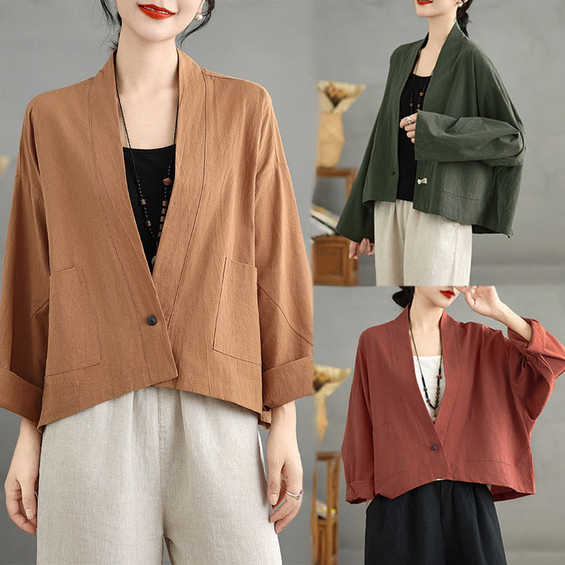 Nimara Ritual Casual Vintage Plain Long Sleeve Open Front Jacket With Pockets