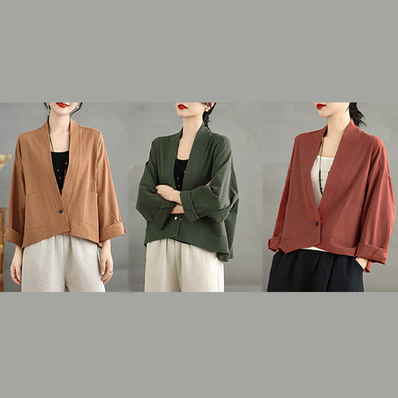 Nimara Ritual Casual Vintage Plain Long Sleeve Open Front Jacket With Pockets
