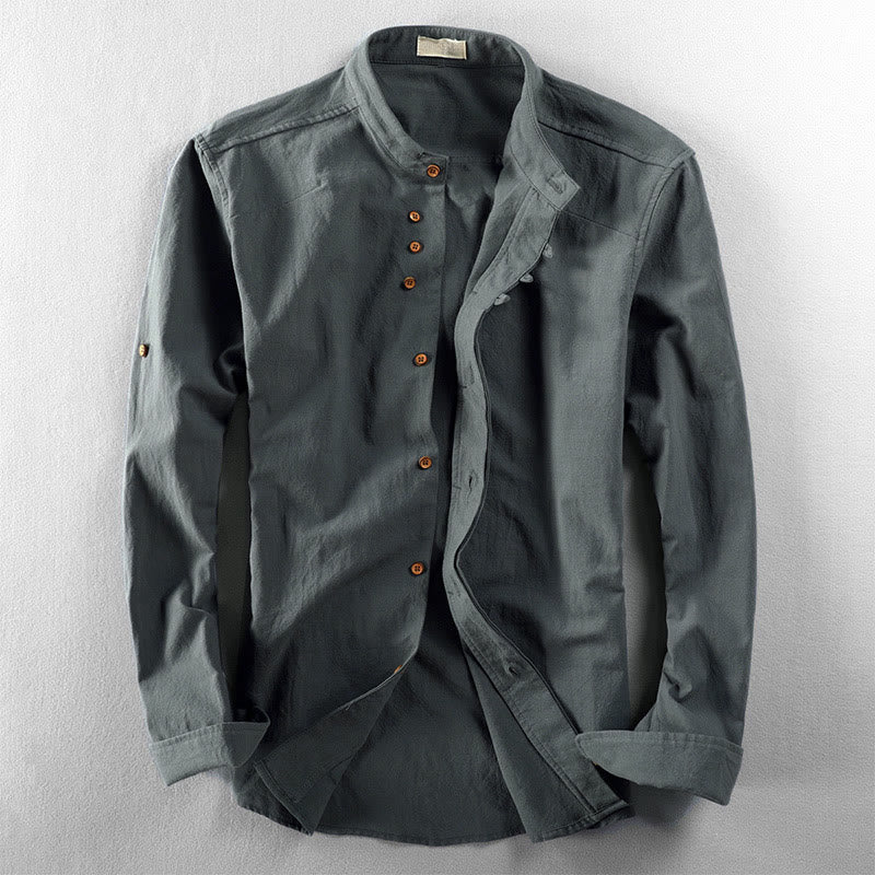 Nimara Ritual Slim Fit Design Stand Collar Crew Neck Cotton Linen Men's Long Sleeve Shirt