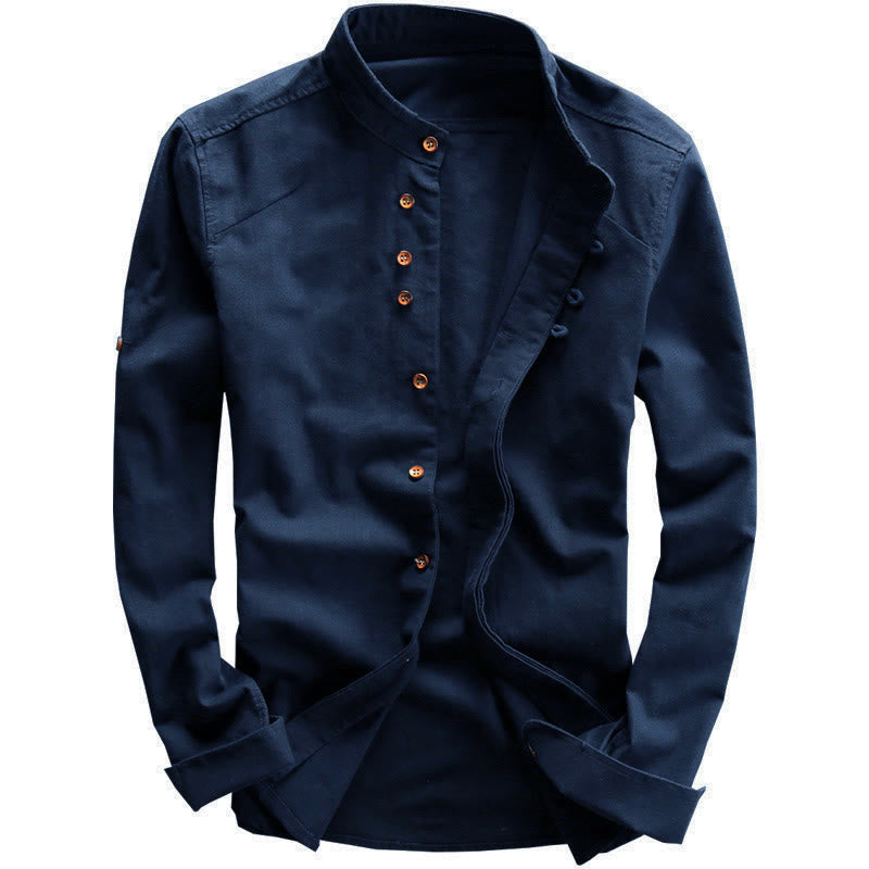Nimara Ritual Slim Fit Design Stand Collar Crew Neck Cotton Linen Men's Long Sleeve Shirt