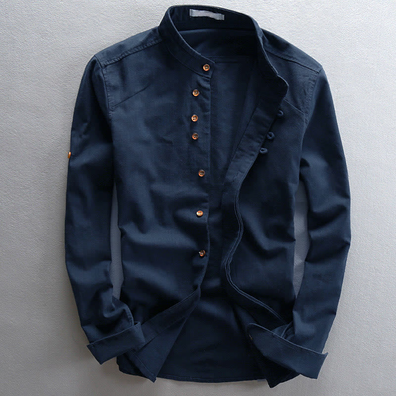 Nimara Ritual Slim Fit Design Stand Collar Crew Neck Cotton Linen Men's Long Sleeve Shirt