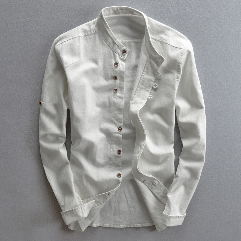 Nimara Ritual Slim Fit Design Stand Collar Crew Neck Cotton Linen Men's Long Sleeve Shirt
