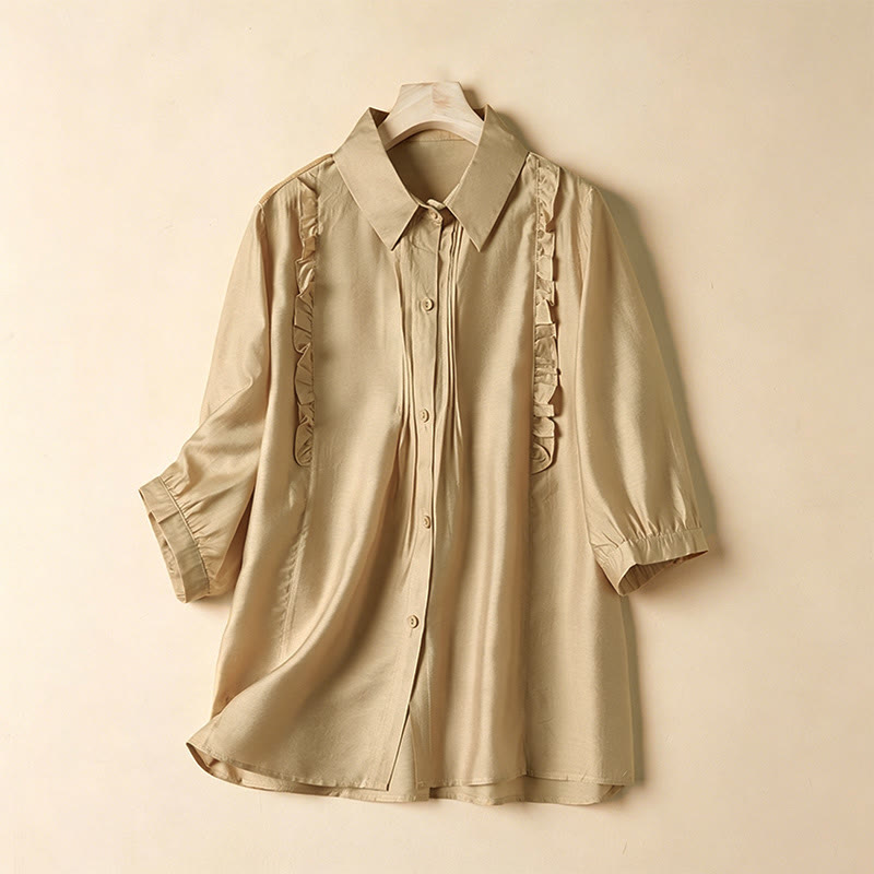 Nimara Ritual Summer Elegant Vintage Button-up Solid Front Pleated Ruffle Women's Short Sleeve Shirts