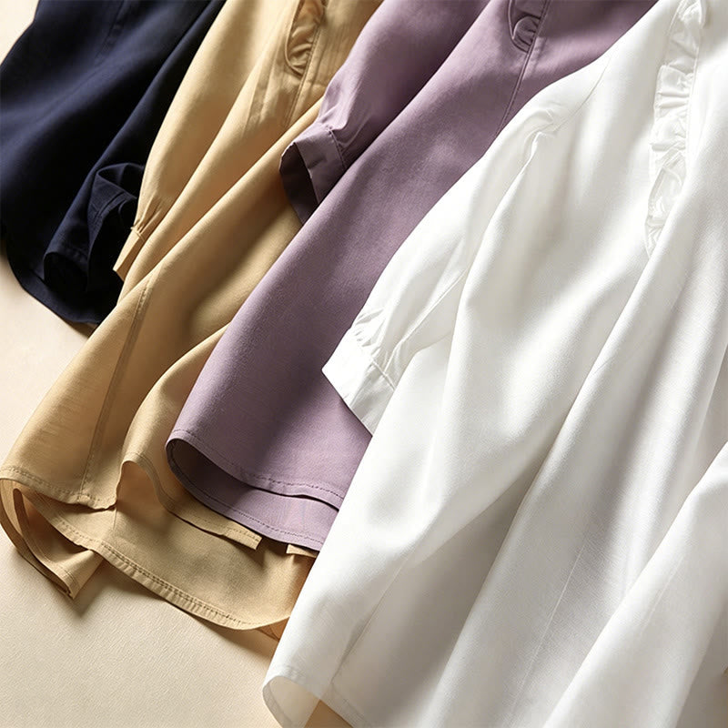 Nimara Ritual Summer Elegant Vintage Button-up Solid Front Pleated Ruffle Women's Short Sleeve Shirts