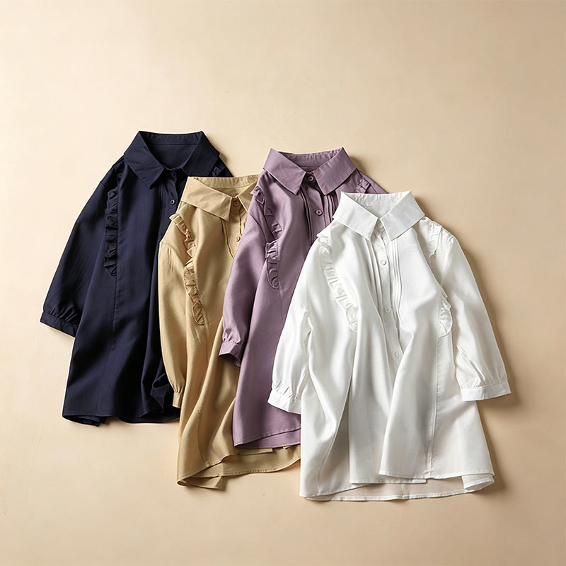 Nimara Ritual Summer Elegant Vintage Button-up Solid Front Pleated Ruffle Women's Short Sleeve Shirts
