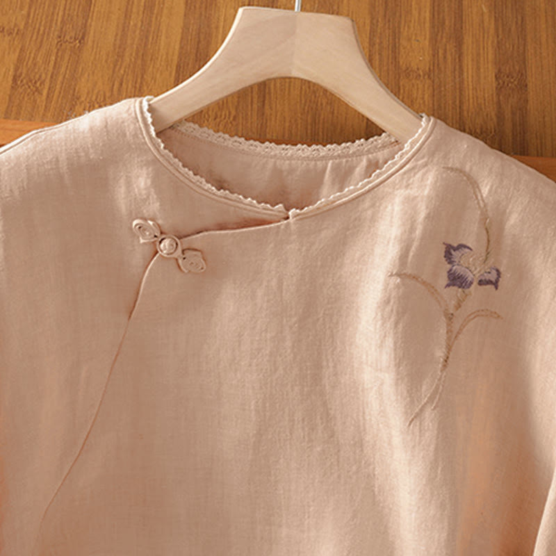 Nimara Ritual Summer Tang Style Vintage Embroidery Frog Button Floral Women's Short Sleeve Shirts
