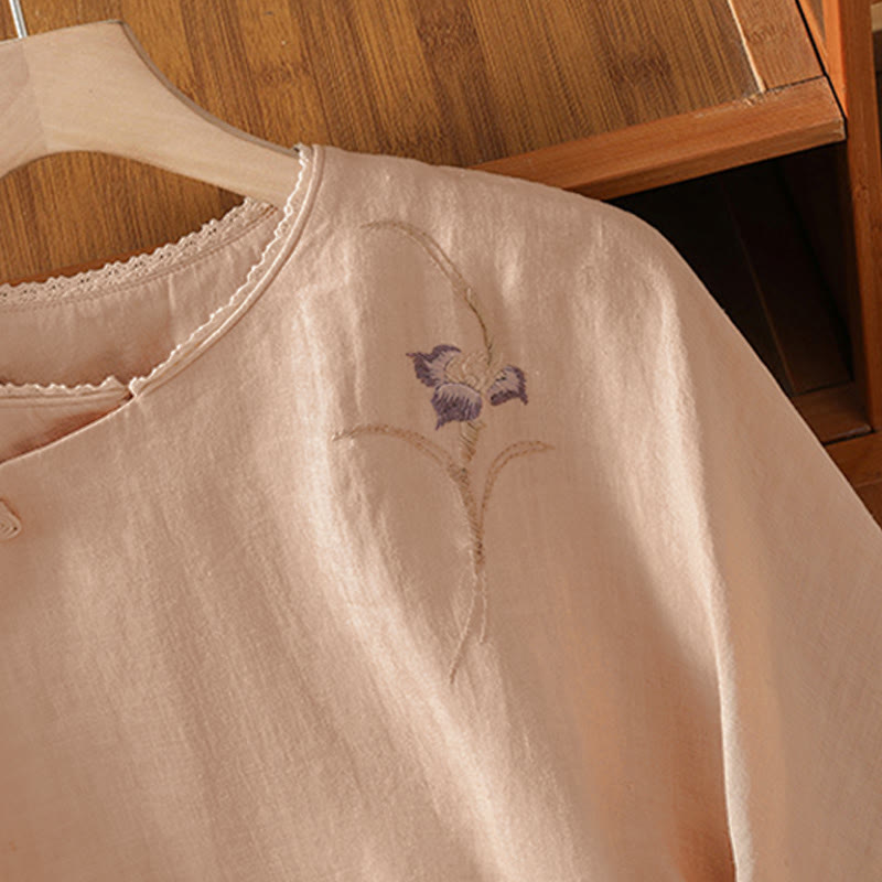 Nimara Ritual Summer Tang Style Vintage Embroidery Frog Button Floral Women's Short Sleeve Shirts