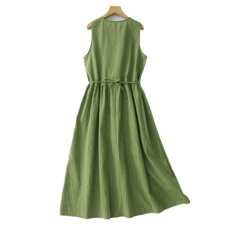 Nimara Ritual Summer Casual Elegant Green Striped Crew Neck Women's Summer Sleeveless Dress