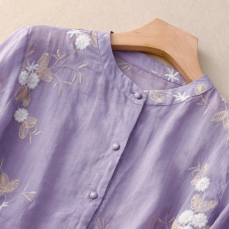 Nimara Ritual Casual Embroidered Petals Spliced Women's Crew Neck Design Half Sleeve Shirt