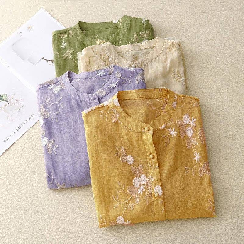 Nimara Ritual Casual Embroidered Petals Spliced Women's Crew Neck Design Half Sleeve Shirt