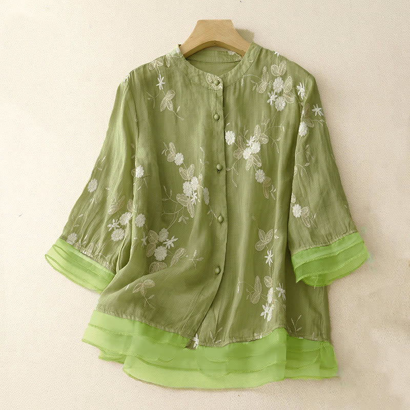 Nimara Ritual Casual Embroidered Petals Spliced Women's Crew Neck Design Half Sleeve Shirt