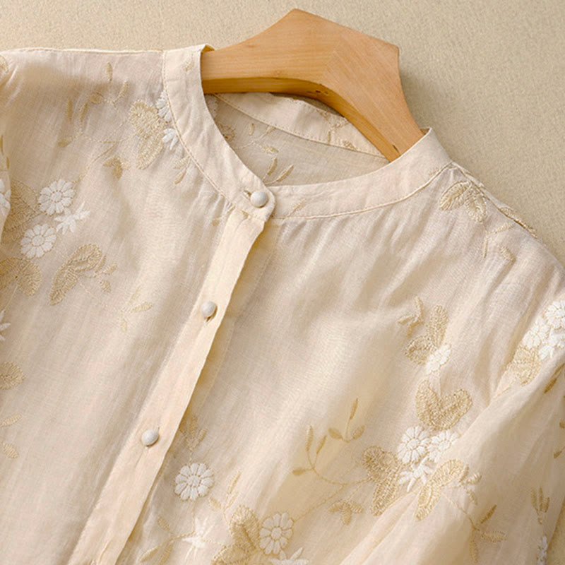 Nimara Ritual Casual Embroidered Petals Spliced Women's Crew Neck Design Half Sleeve Shirt